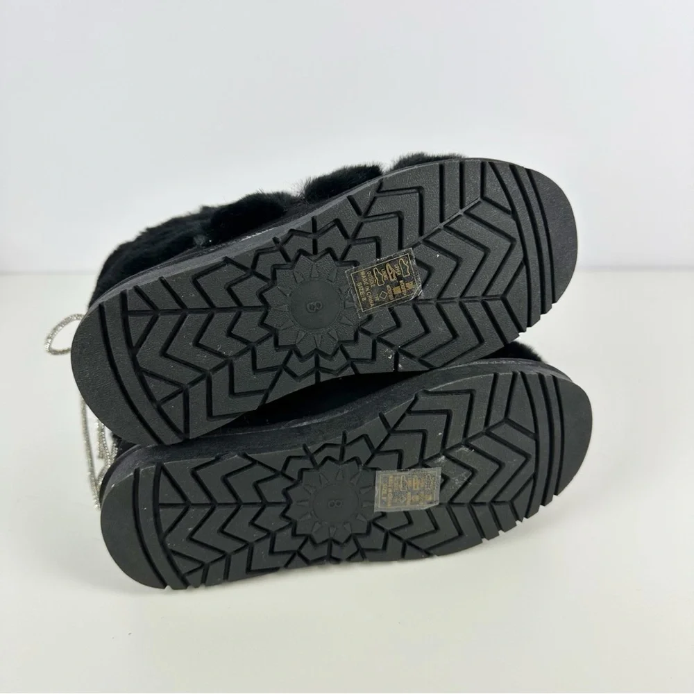 AZALEA WANG Retrograde Alina Black Faux Fur Moon Boots Rhinestone Laces NEW